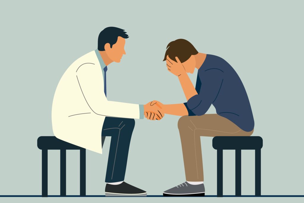 Psychologist,Holding,Hand,Of,Young,Man,Patient,,Mental,Health,Care