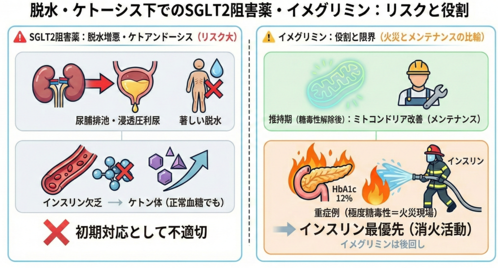 イメグリミンの役割と限界とSGLT2阻害薬による脱水の増悪とケトアシドーシスの説明画像